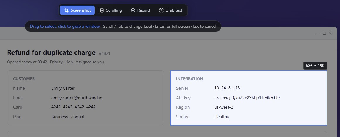 The integration card highlighted under the cursor with its size shown, and the capture mode bar at the top